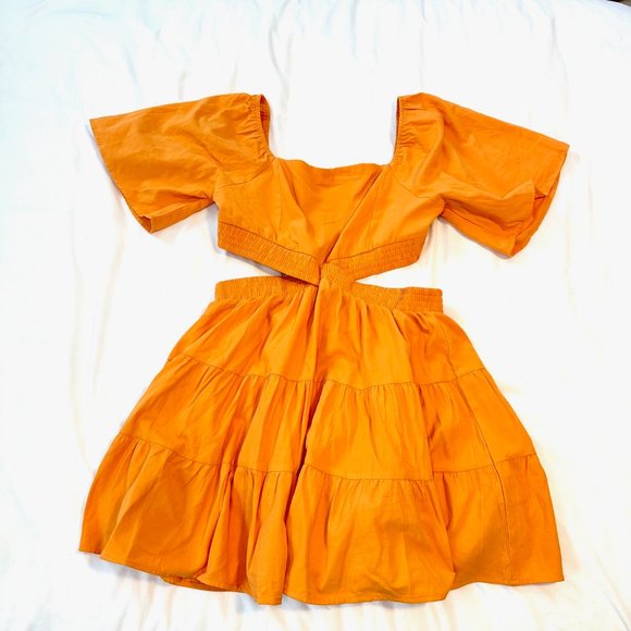 Tangerine Square Neck Cutout Waist Flutter Sleeve Cotton Dress - NWT - Picture 6 of 13